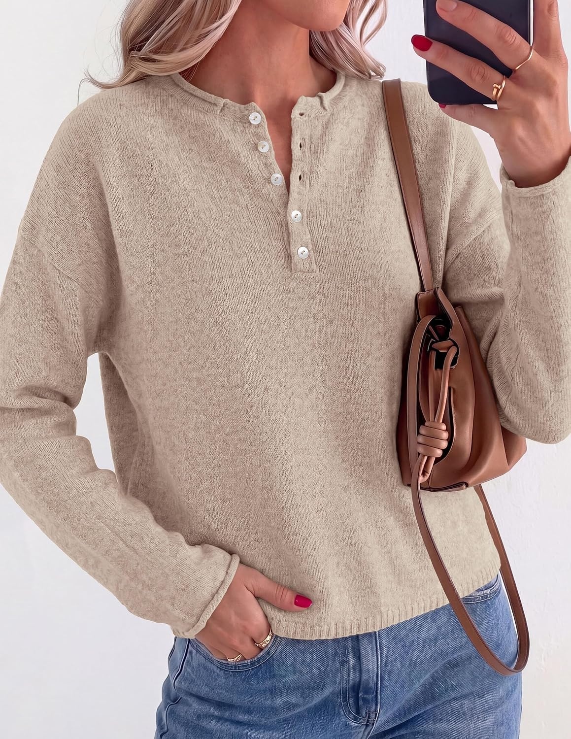image:imagePRETTYGARDEN Womens Henley Cozy Sweaters Button Up PulloverLight Khaki