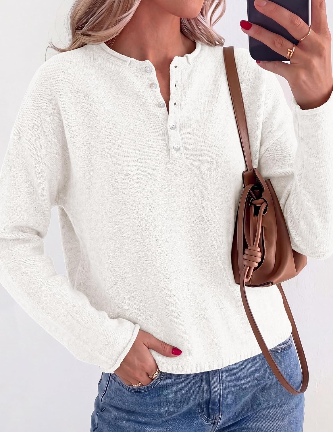image:imagePRETTYGARDEN Womens Henley Cozy Sweaters Button Up PulloverWhite