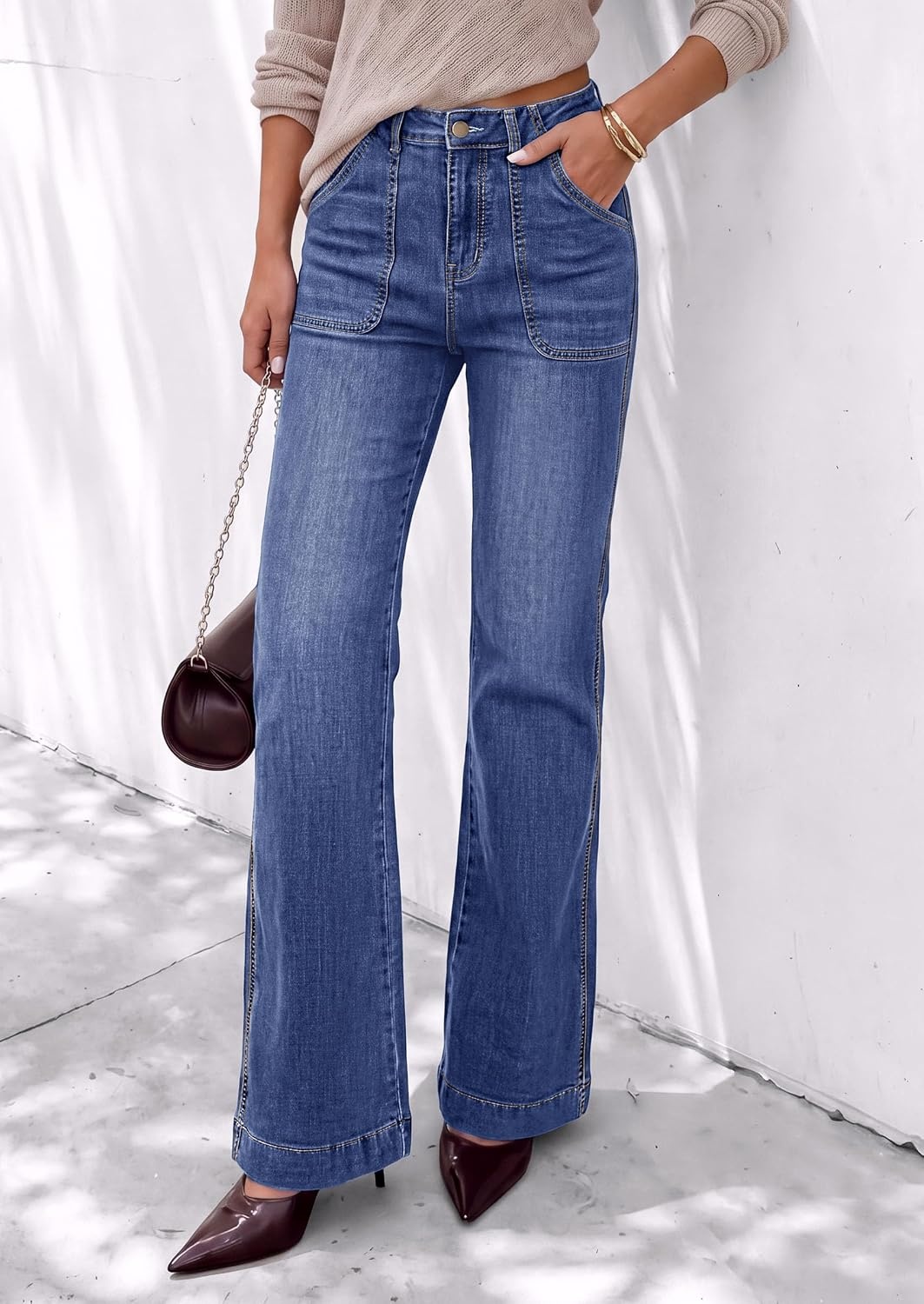 image:imagePRETTYGARDEN Womens High Waisted Wide Leg Jeans Demin PantsAshleigh Blue