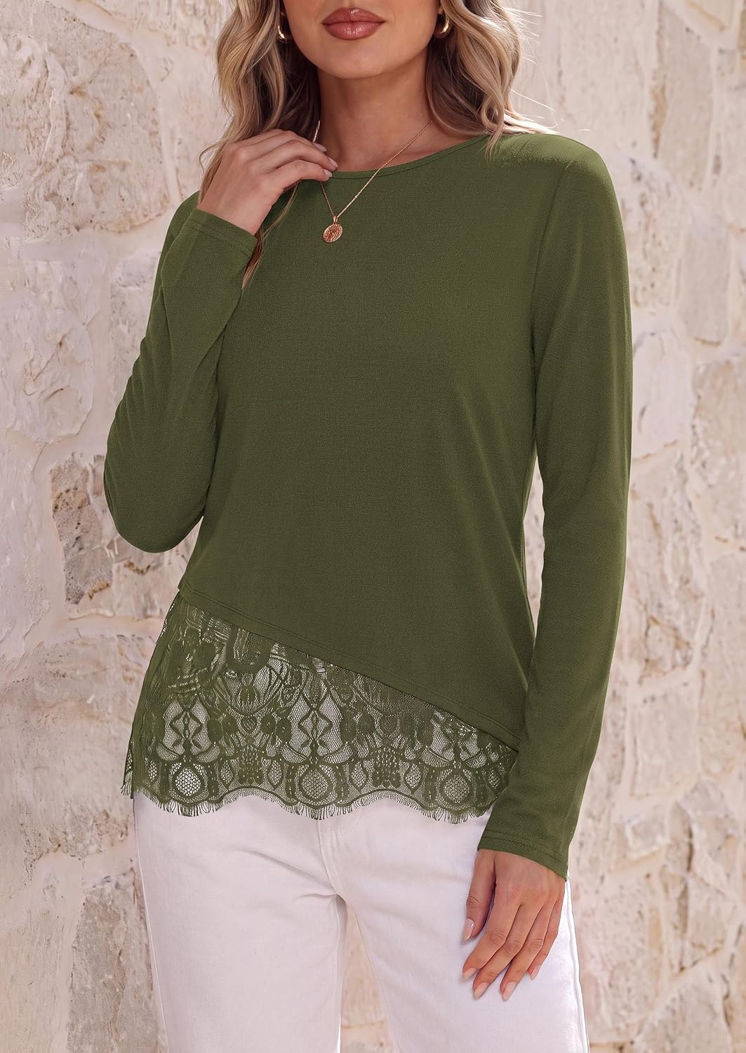 image:imagePRETTYGARDEN Womens Lace Patchwork Long Sleeve ShirtsArmy Green
