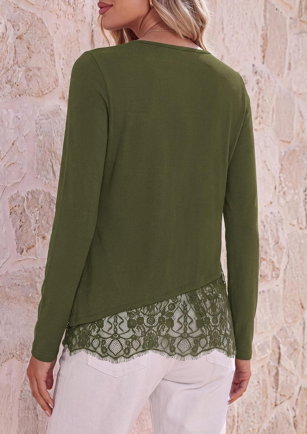 image:imagePRETTYGARDEN Womens Lace Patchwork Long Sleeve ShirtsArmy Green