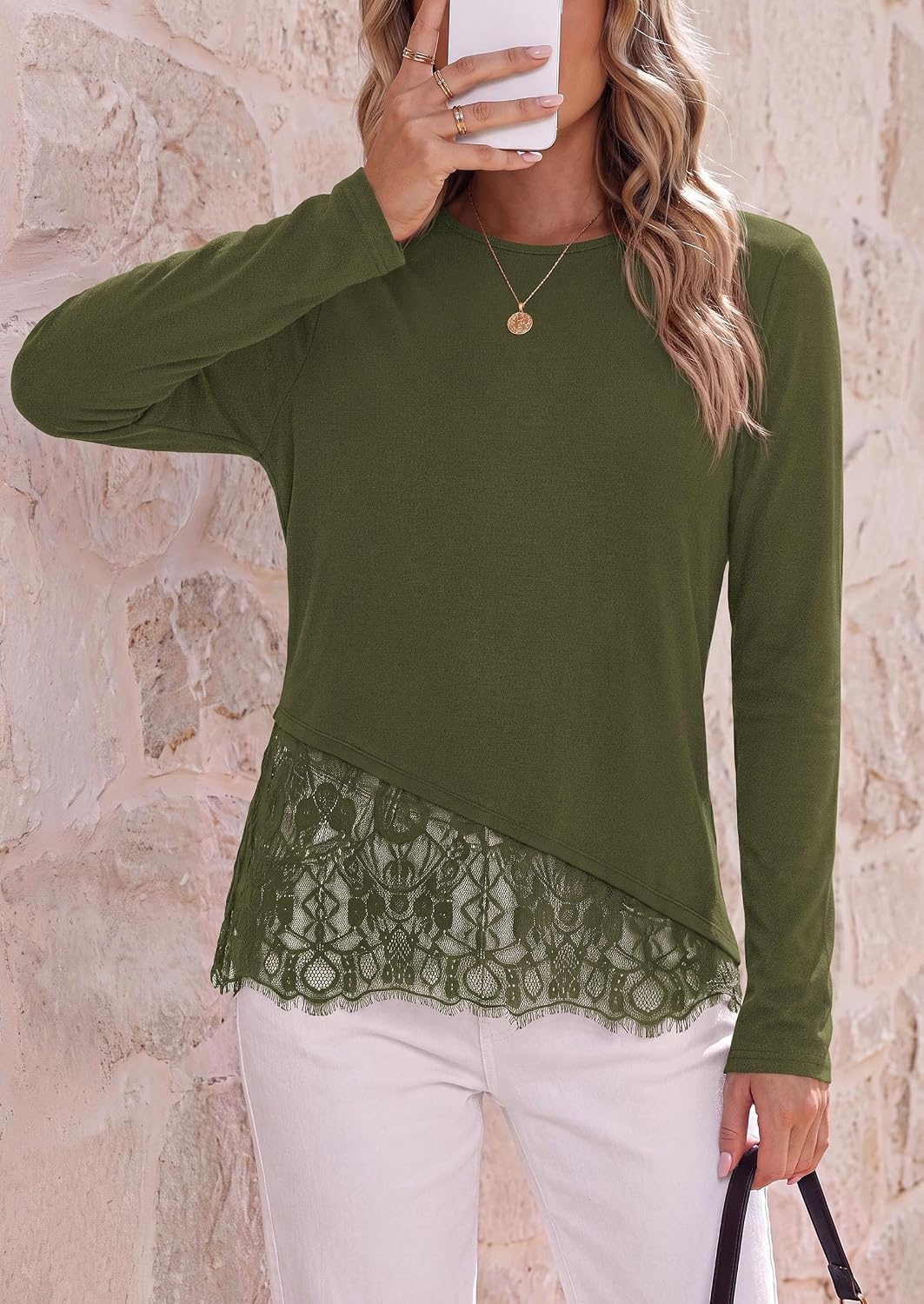 image:imagePRETTYGARDEN Womens Lace Patchwork Long Sleeve ShirtsArmy Green