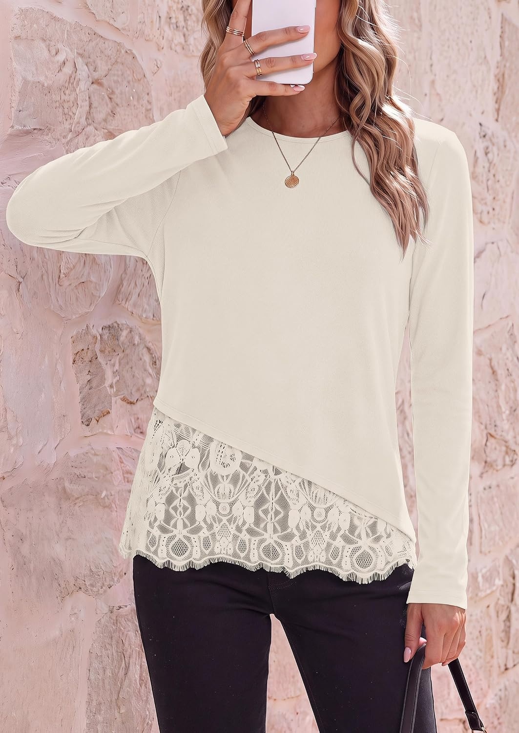 image:imagePRETTYGARDEN Womens Lace Patchwork Long Sleeve ShirtsBeige