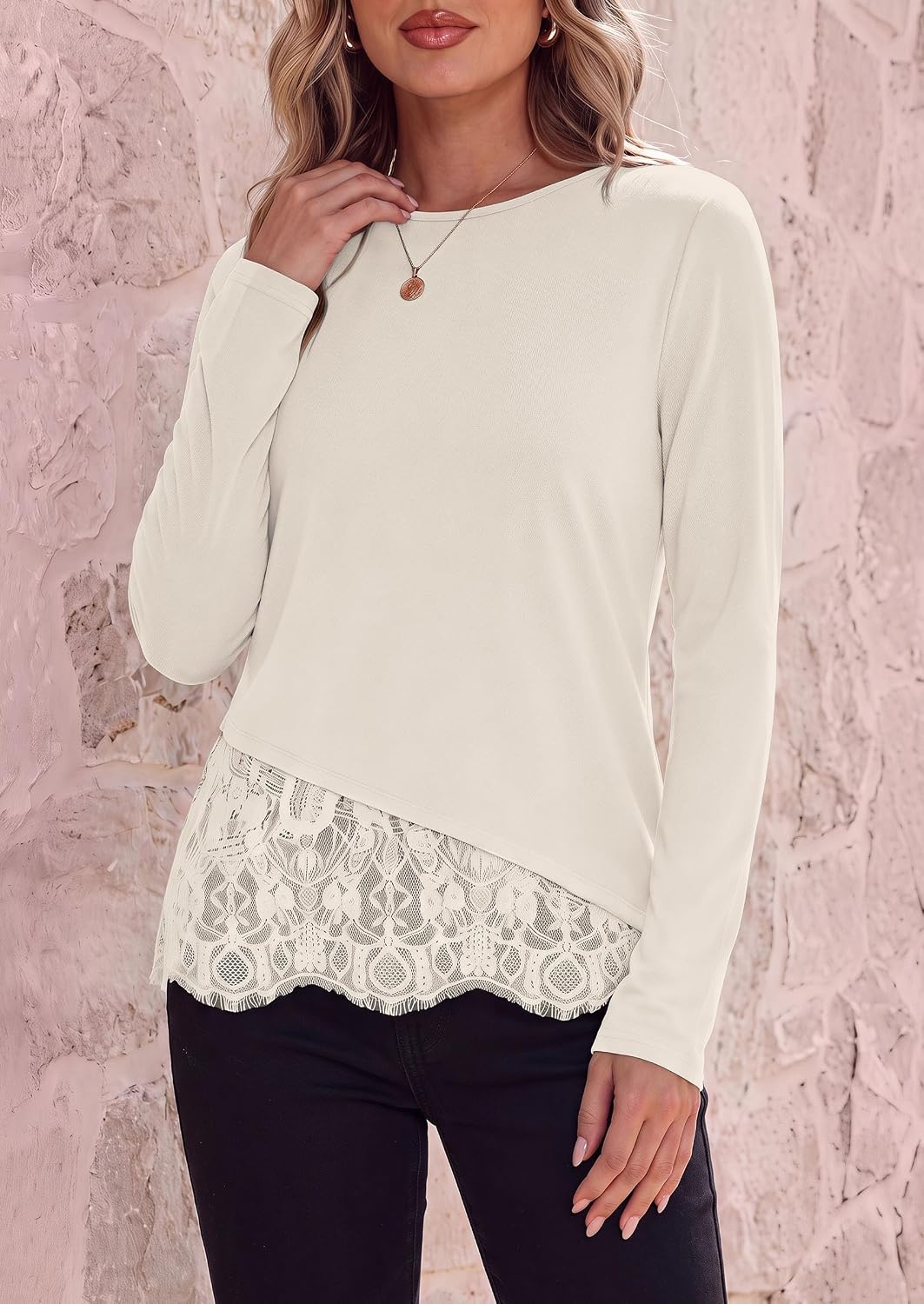 image:imagePRETTYGARDEN Womens Lace Patchwork Long Sleeve ShirtsBeige