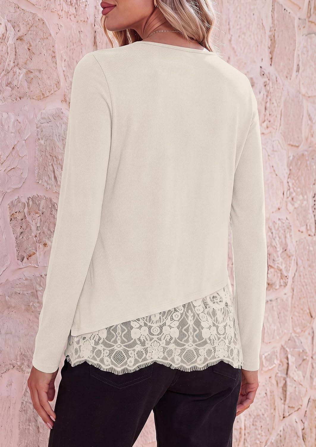 image:imagePRETTYGARDEN Womens Lace Patchwork Long Sleeve ShirtsBeige