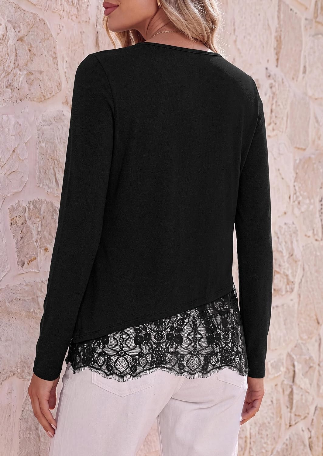 image:imagePRETTYGARDEN Womens Lace Patchwork Long Sleeve ShirtsBlack