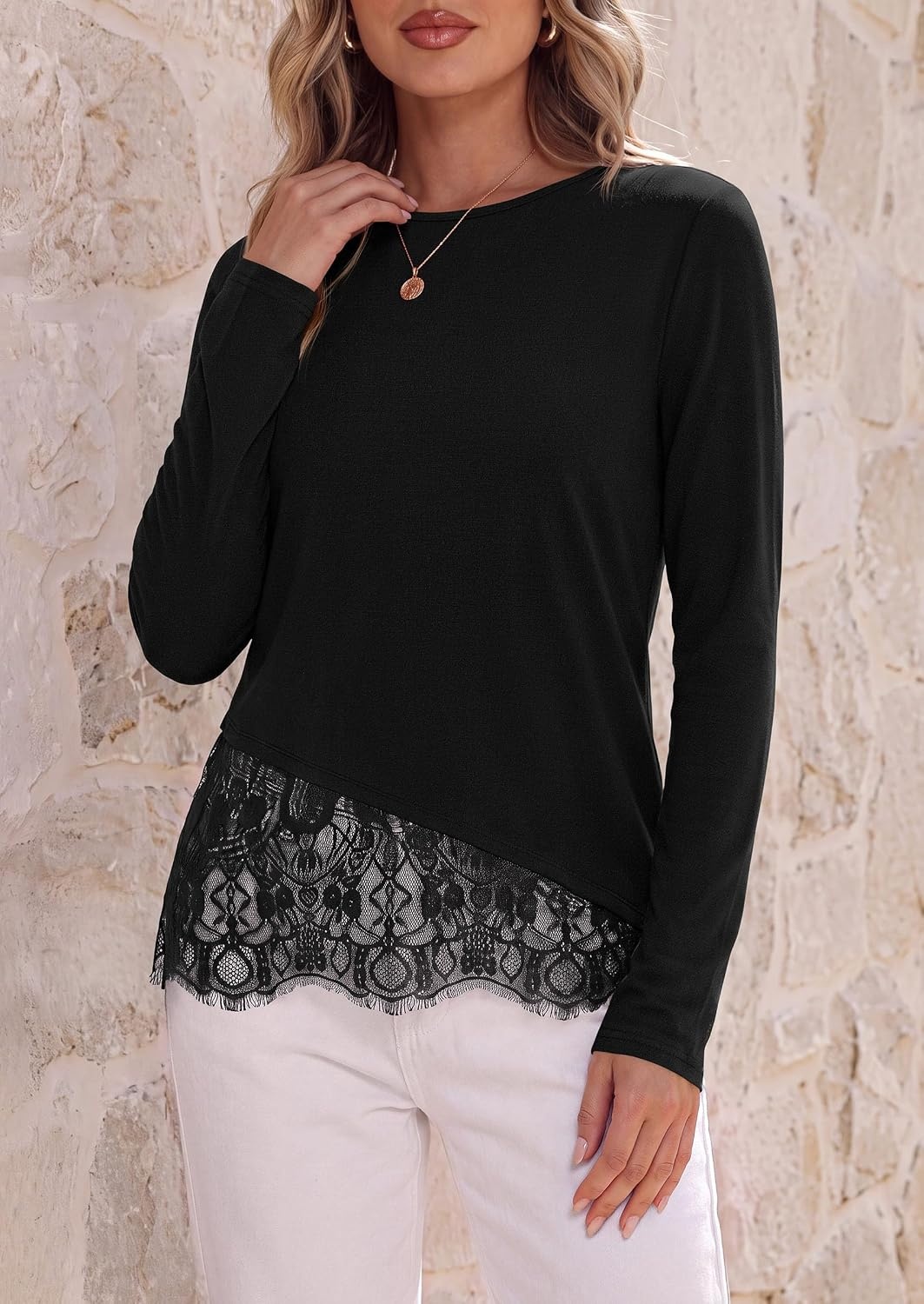 image:imagePRETTYGARDEN Womens Lace Patchwork Long Sleeve ShirtsBlack