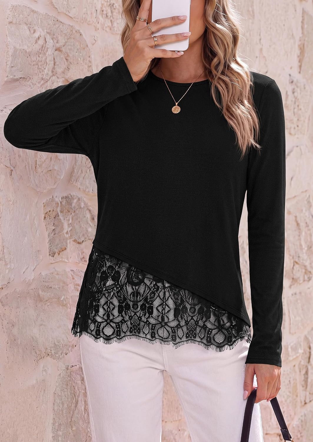 image:imagePRETTYGARDEN Womens Lace Patchwork Long Sleeve ShirtsBlack