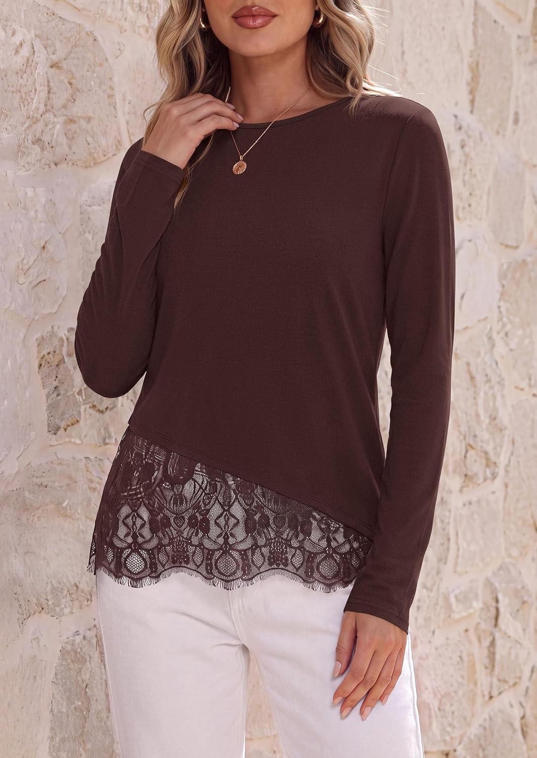 image:imagePRETTYGARDEN Womens Lace Patchwork Long Sleeve ShirtsBrown