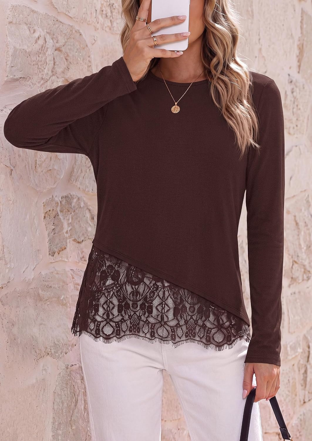 image:imagePRETTYGARDEN Womens Lace Patchwork Long Sleeve ShirtsBrown