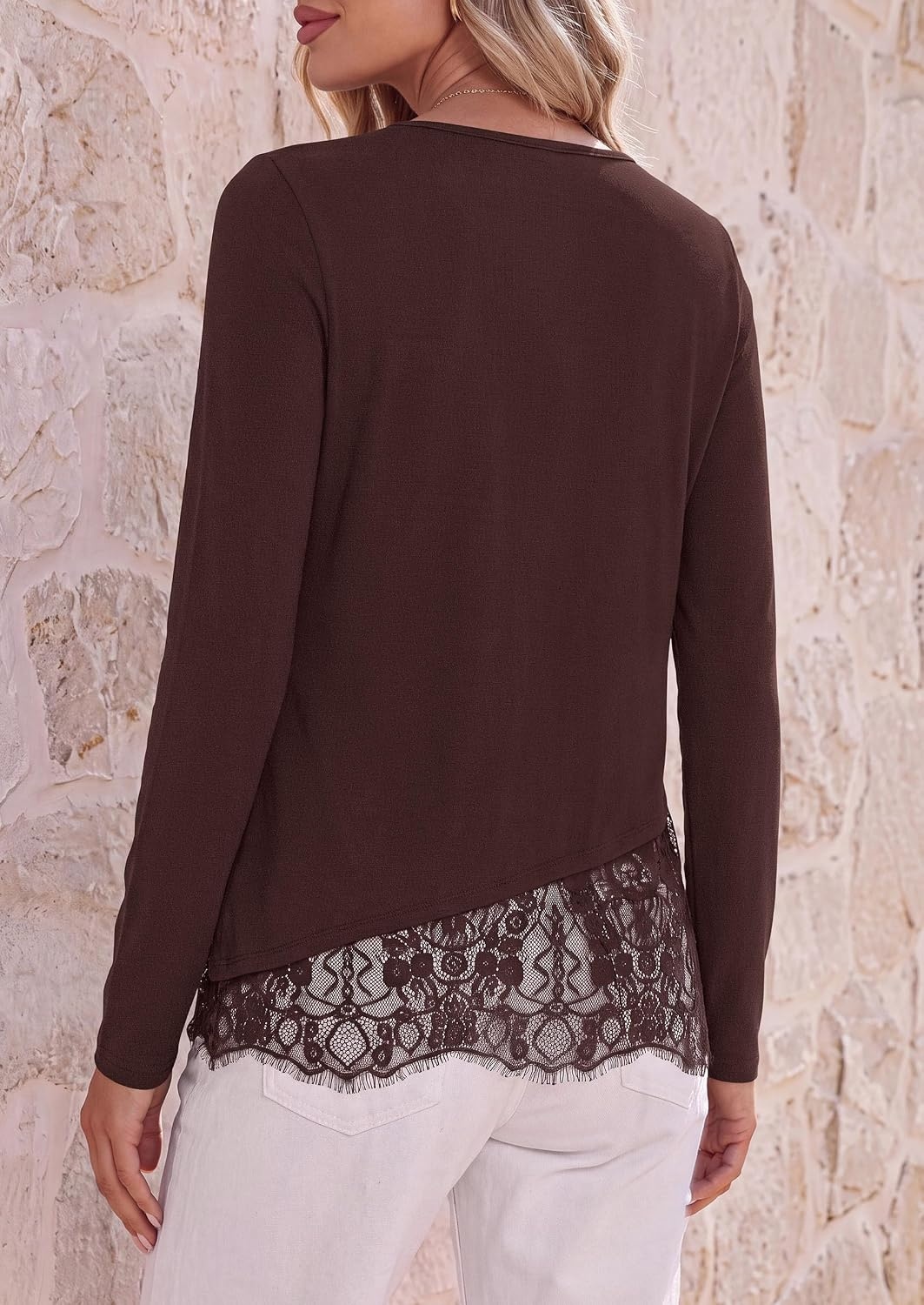 image:imagePRETTYGARDEN Womens Lace Patchwork Long Sleeve ShirtsBrown