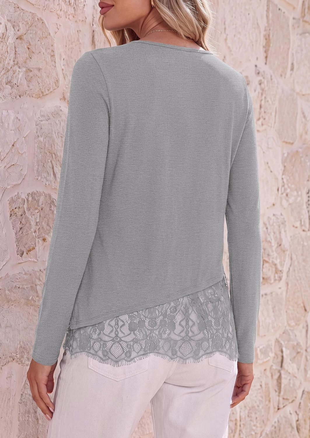 image:imagePRETTYGARDEN Womens Lace Patchwork Long Sleeve ShirtsGrey