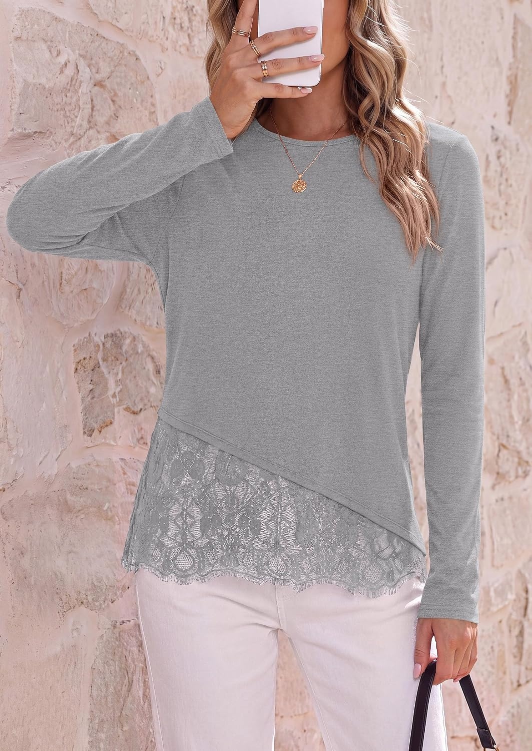 image:imagePRETTYGARDEN Womens Lace Patchwork Long Sleeve ShirtsGrey
