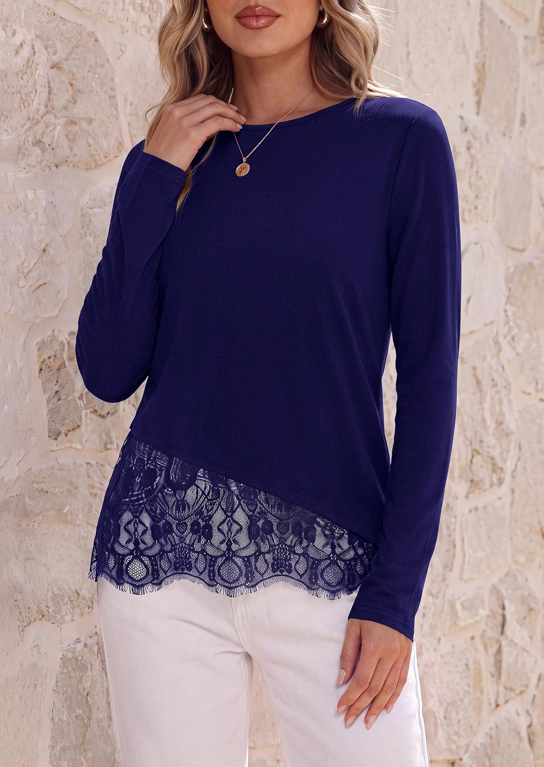 image:imagePRETTYGARDEN Womens Lace Patchwork Long Sleeve ShirtsNavy