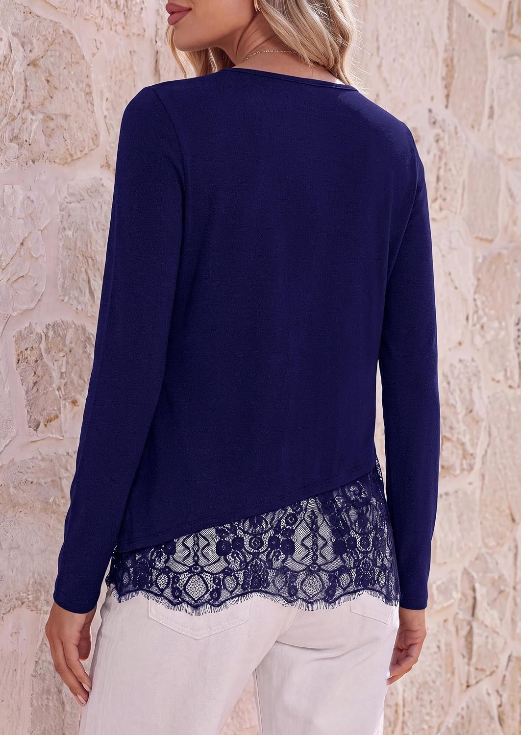 image:imagePRETTYGARDEN Womens Lace Patchwork Long Sleeve ShirtsNavy