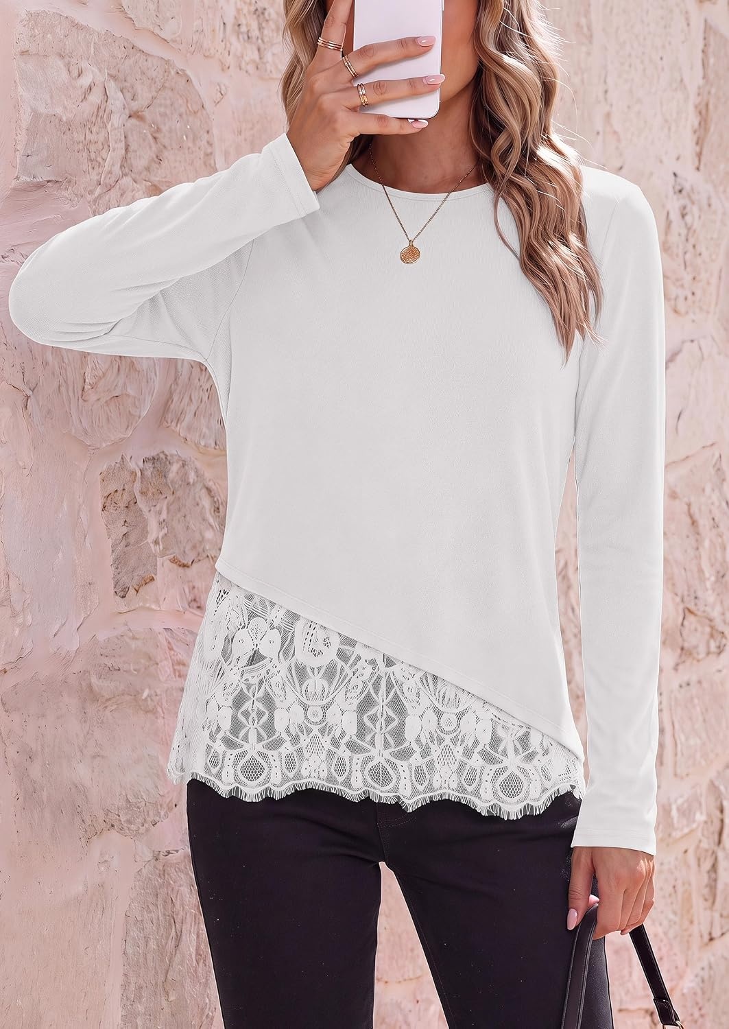 image:imagePRETTYGARDEN Womens Lace Patchwork Long Sleeve ShirtsWhite