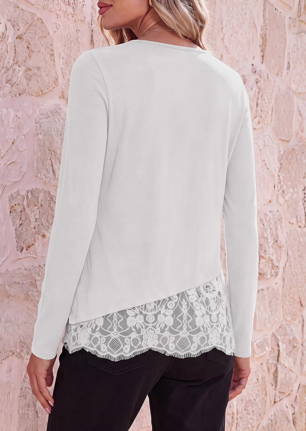 image:imagePRETTYGARDEN Womens Lace Patchwork Long Sleeve ShirtsWhite