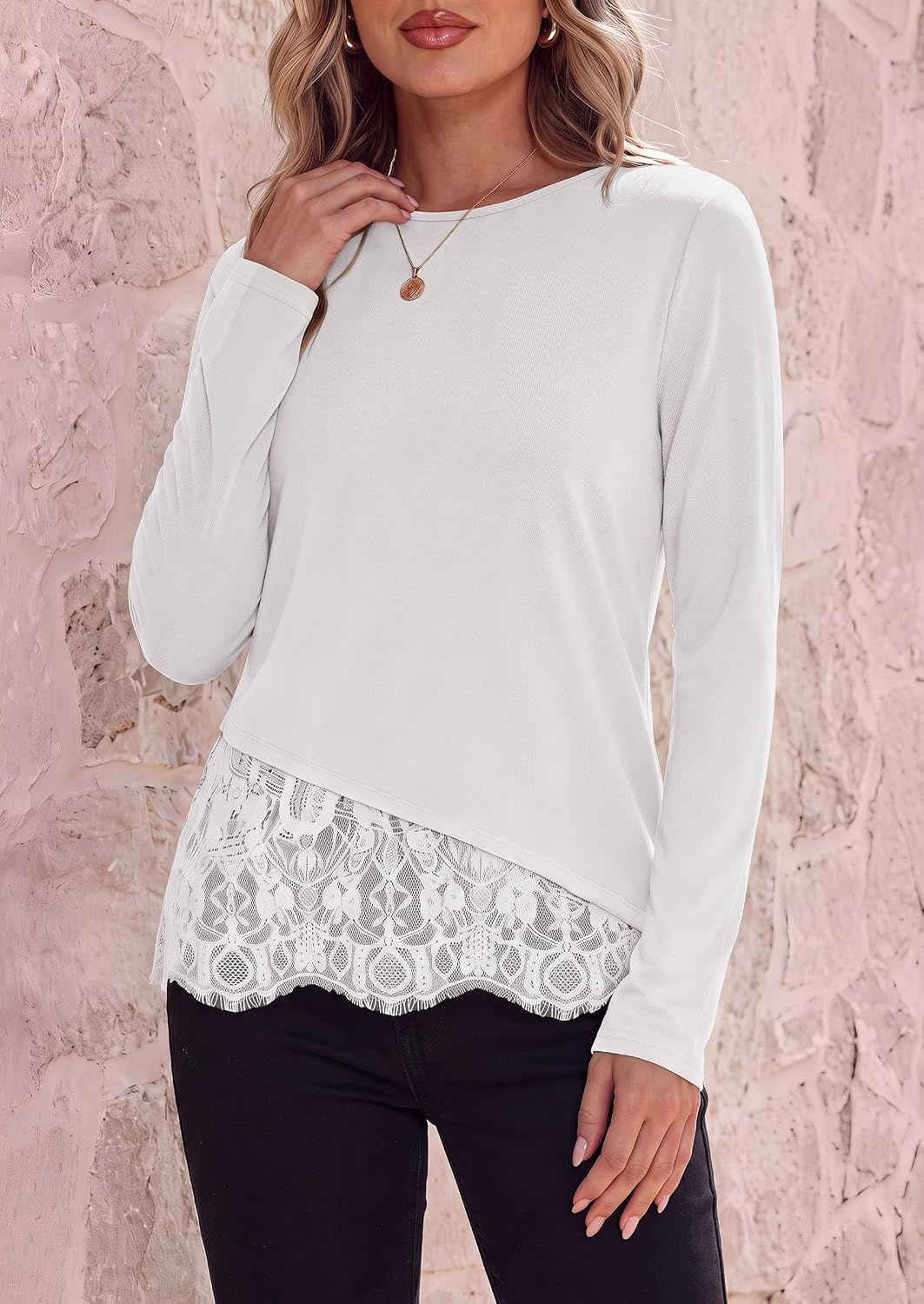 image:imagePRETTYGARDEN Womens Lace Patchwork Long Sleeve ShirtsWhite