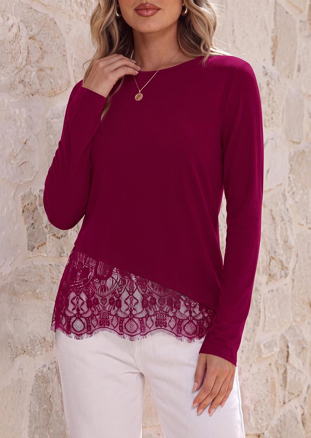 image:imagePRETTYGARDEN Womens Lace Patchwork Long Sleeve ShirtsWine Red