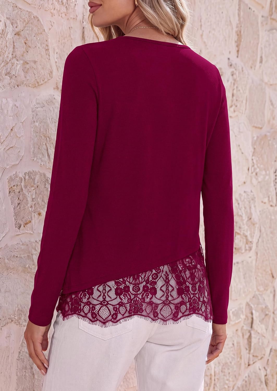 image:imagePRETTYGARDEN Womens Lace Patchwork Long Sleeve ShirtsWine Red