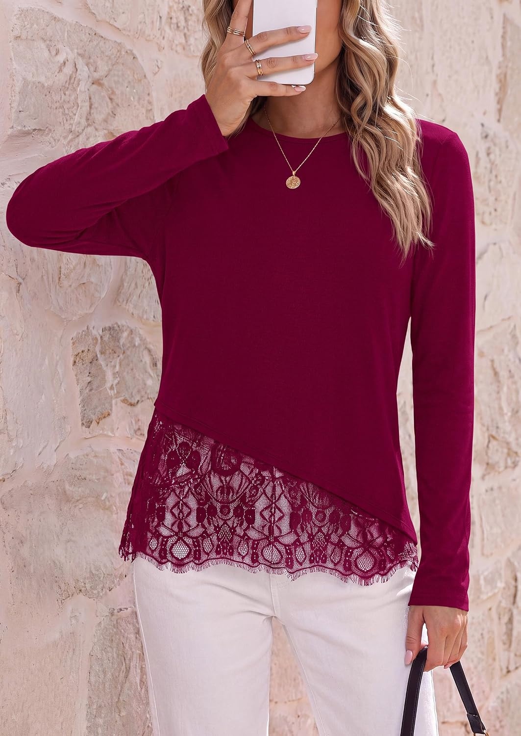 image:imagePRETTYGARDEN Womens Lace Patchwork Long Sleeve ShirtsWine Red