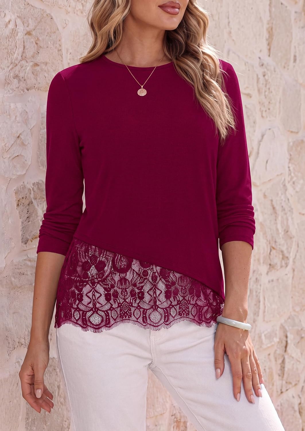 image:imagePRETTYGARDEN Womens Lace Patchwork Long Sleeve ShirtsWine Red