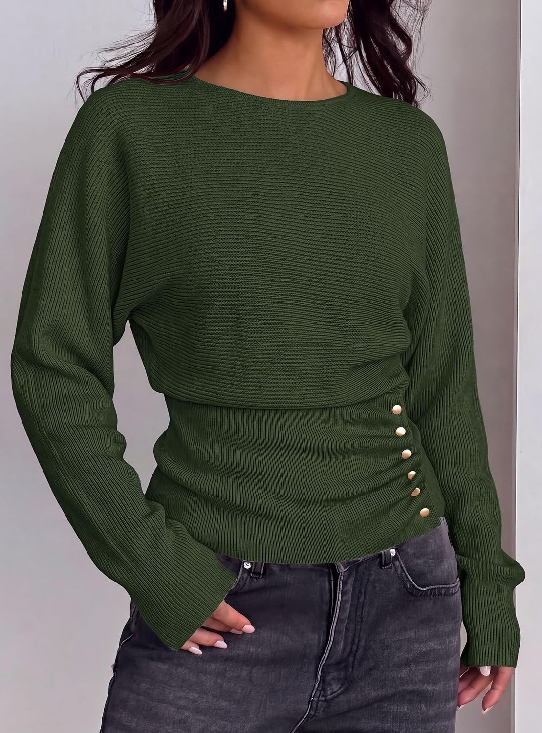 image:imagePRETTYGARDEN Womens Long Batwing Sleeve Cinched Waist SweatersArmy Green
