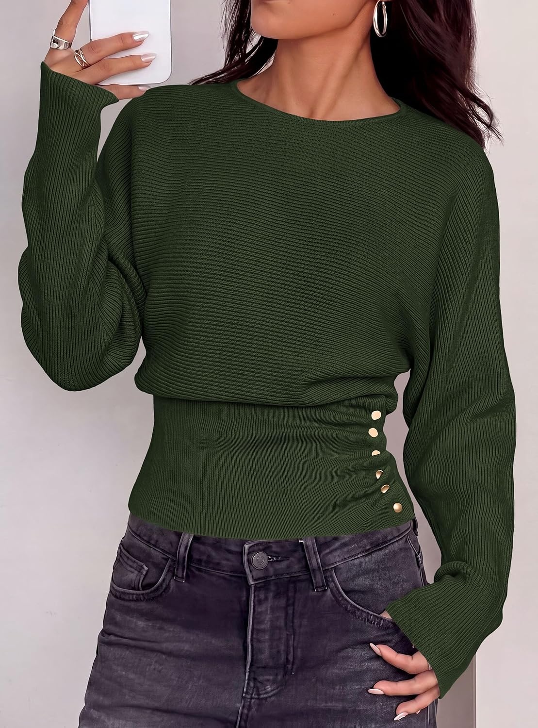 image:imagePRETTYGARDEN Womens Long Batwing Sleeve Cinched Waist SweatersArmy Green