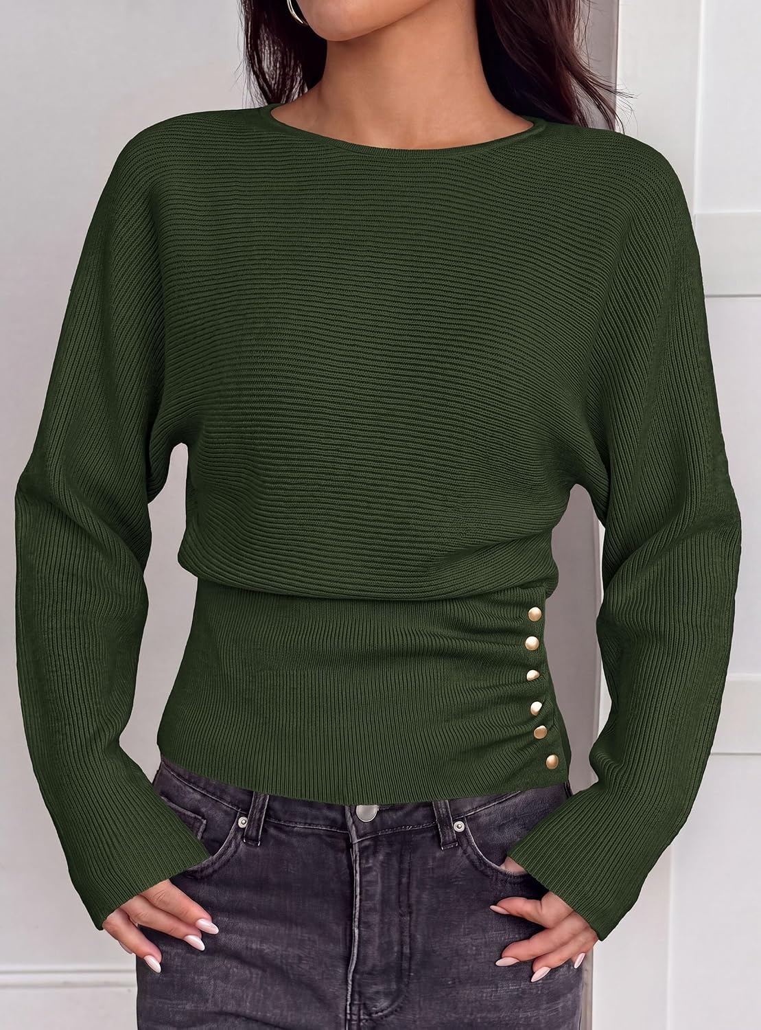 image:imagePRETTYGARDEN Womens Long Batwing Sleeve Cinched Waist SweatersArmy Green