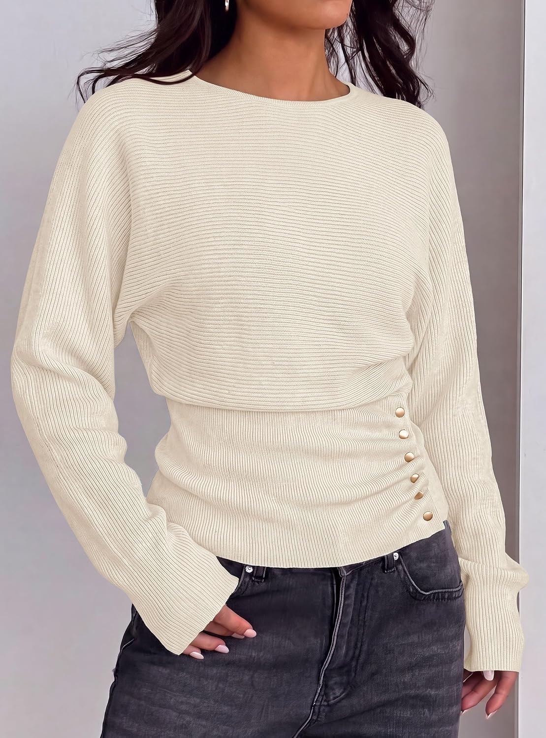 image:imagePRETTYGARDEN Womens Long Batwing Sleeve Cinched Waist SweatersBeige