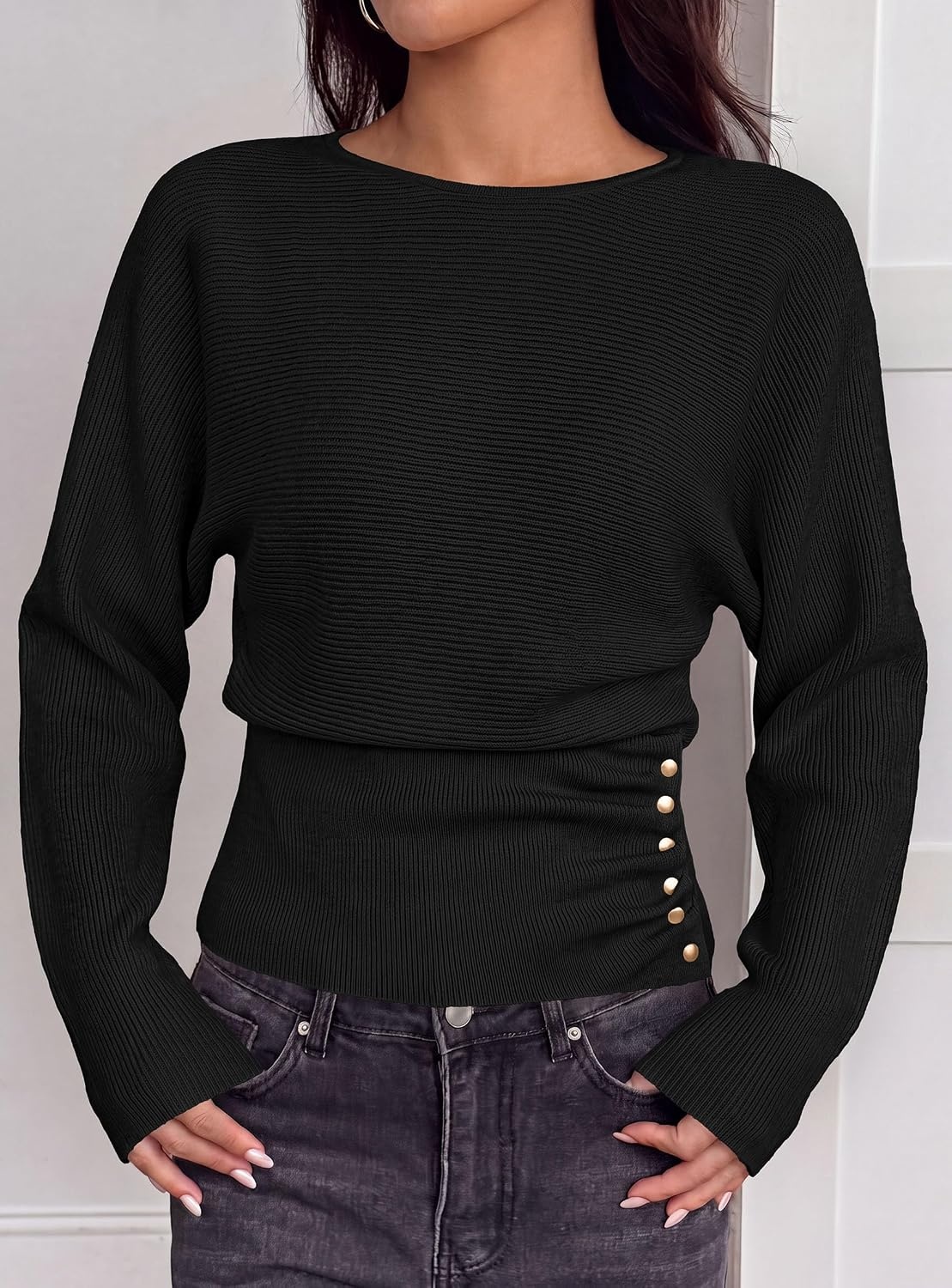 image:imagePRETTYGARDEN Womens Long Batwing Sleeve Cinched Waist SweatersBlack