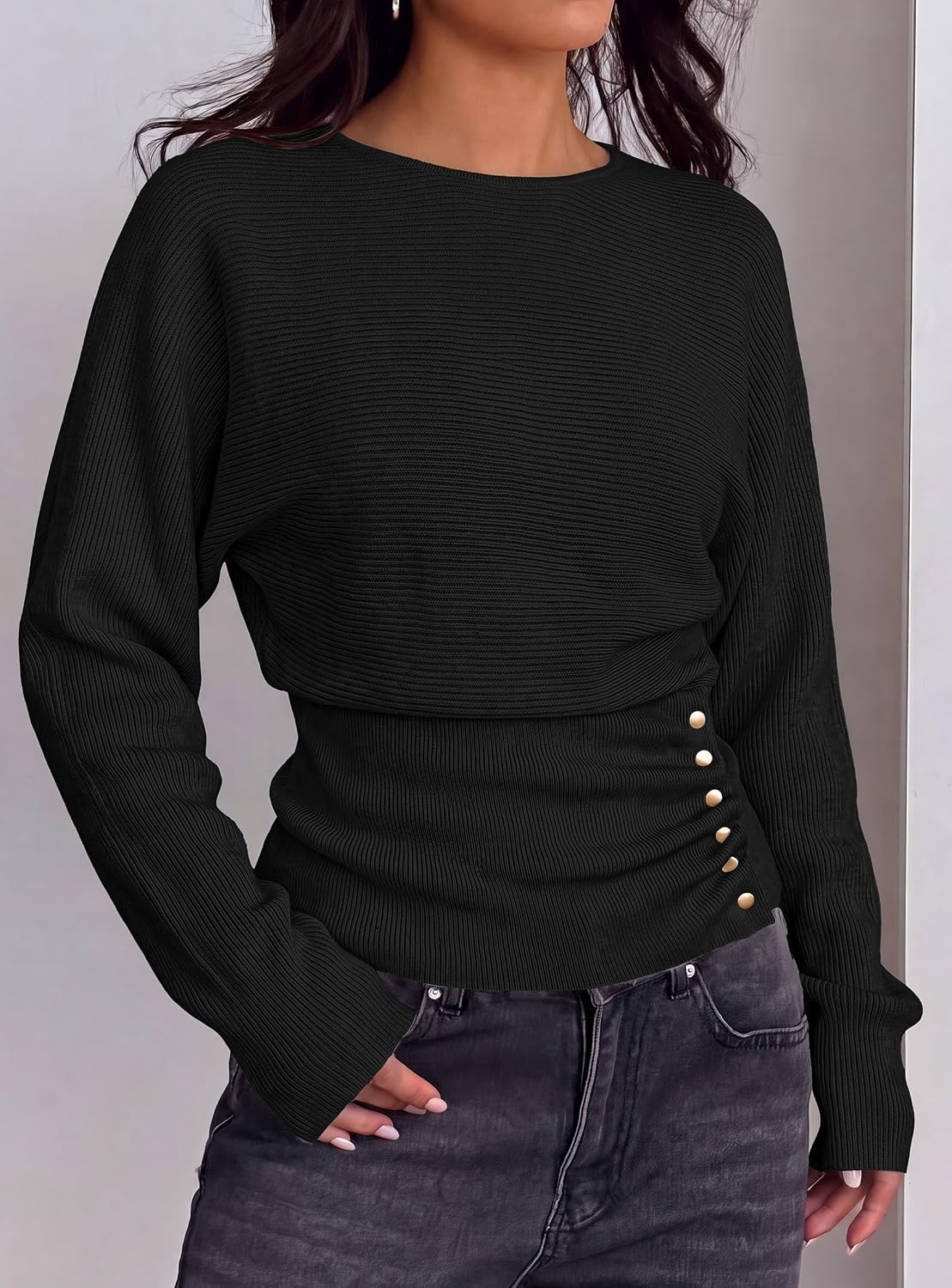image:imagePRETTYGARDEN Womens Long Batwing Sleeve Cinched Waist SweatersBlack