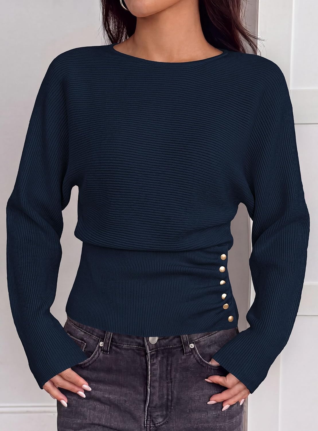 image:imagePRETTYGARDEN Womens Long Batwing Sleeve Cinched Waist SweatersNavy