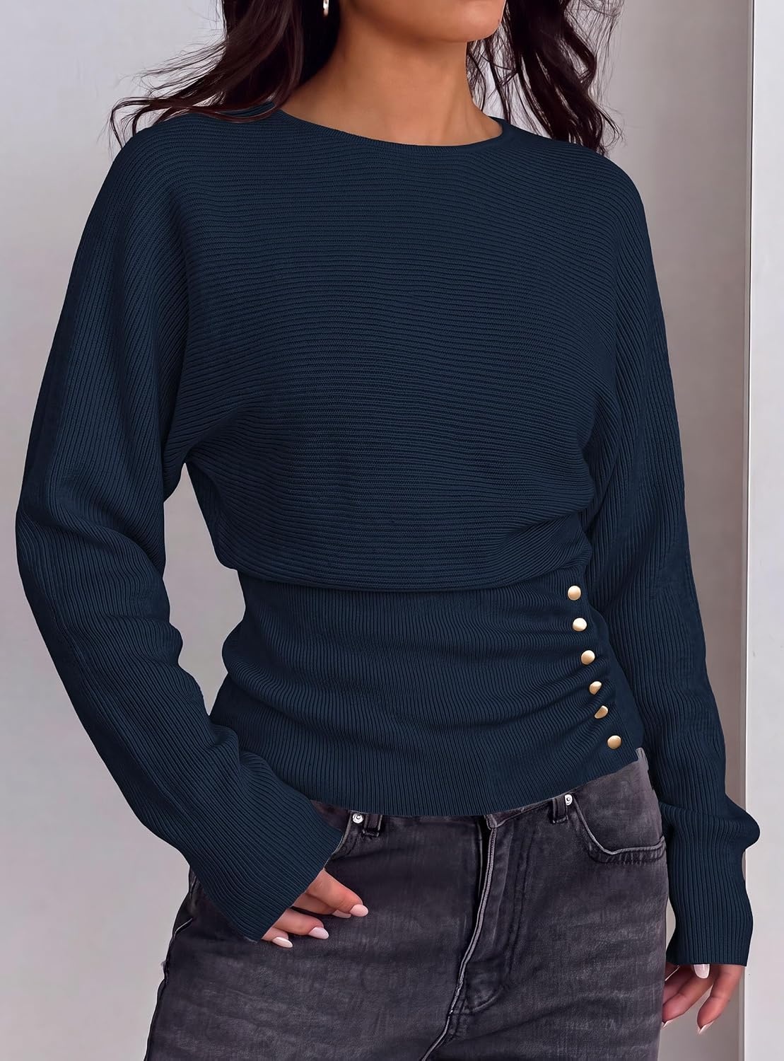 image:imagePRETTYGARDEN Womens Long Batwing Sleeve Cinched Waist SweatersNavy