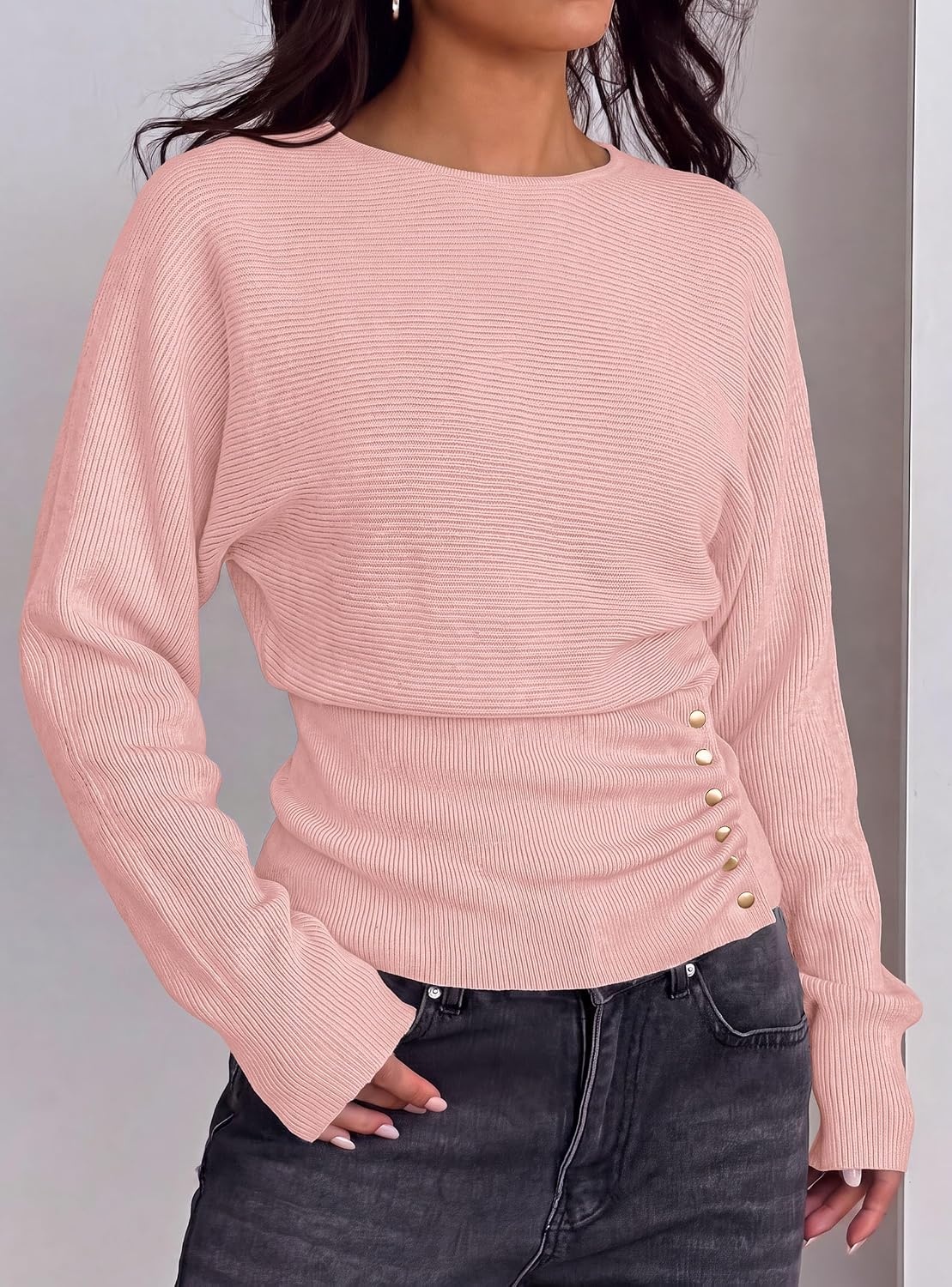 image:imagePRETTYGARDEN Womens Long Batwing Sleeve Cinched Waist SweatersPink