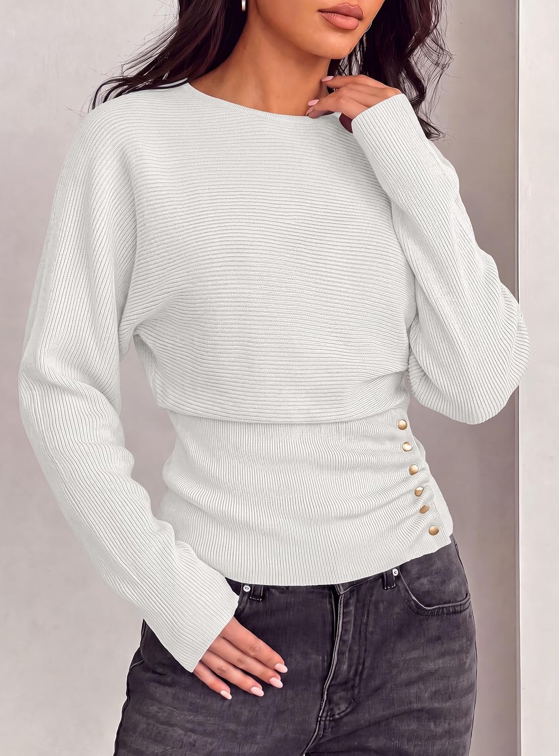 image:imagePRETTYGARDEN Womens Long Batwing Sleeve Cinched Waist SweatersWhite