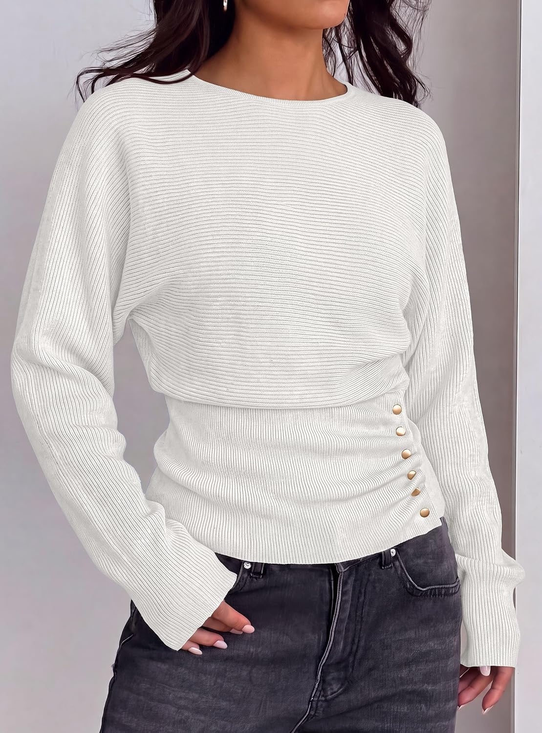 image:imagePRETTYGARDEN Womens Long Batwing Sleeve Cinched Waist SweatersWhite