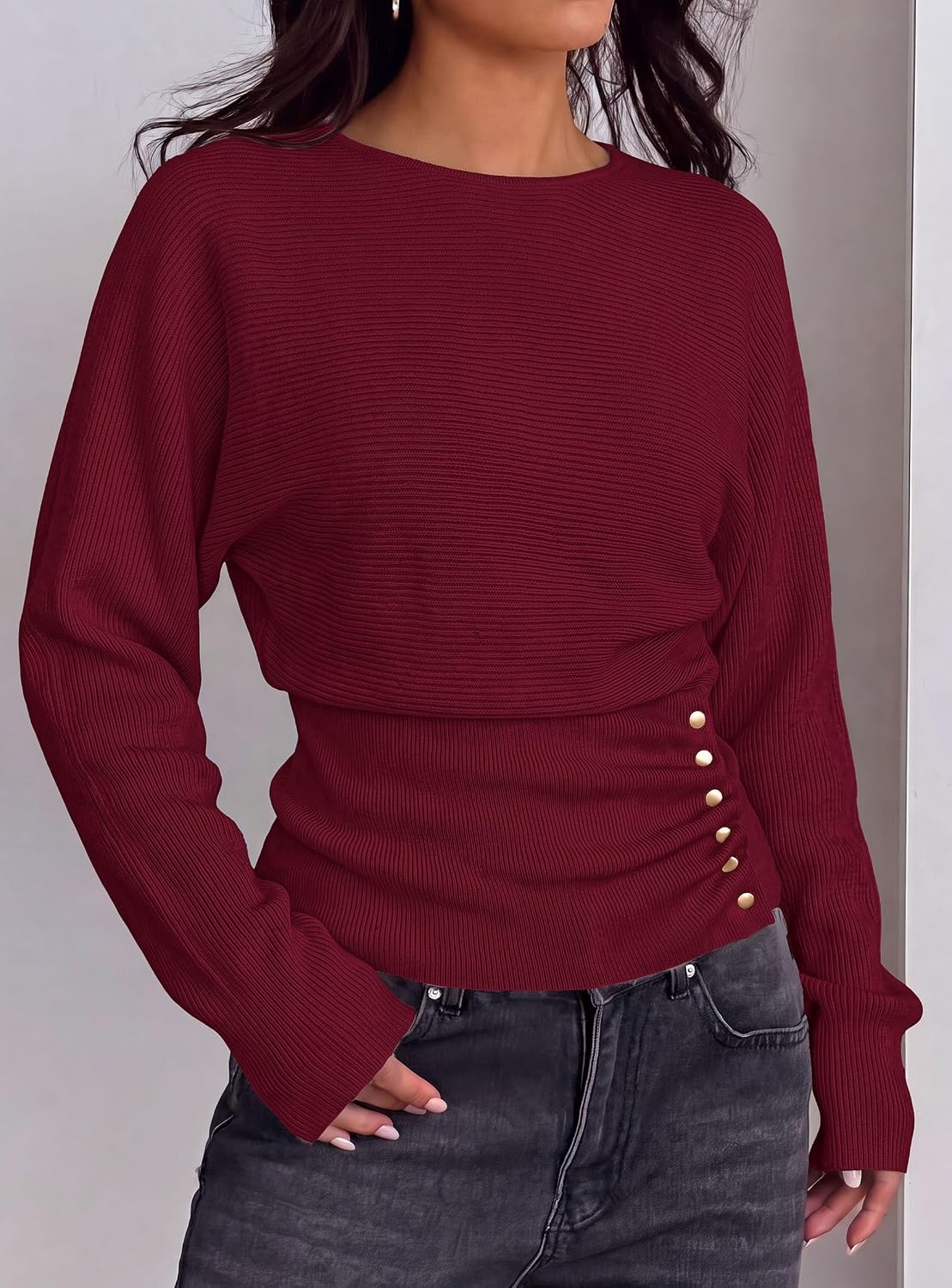 image:imagePRETTYGARDEN Womens Long Batwing Sleeve Cinched Waist SweatersWine Red