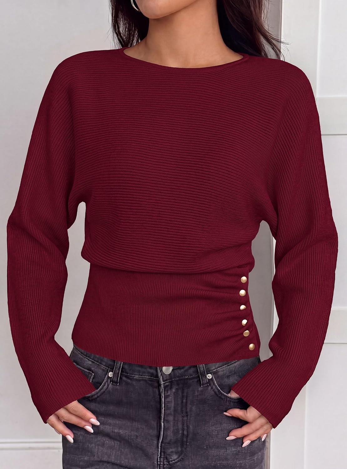 image:imagePRETTYGARDEN Womens Long Batwing Sleeve Cinched Waist SweatersWine Red