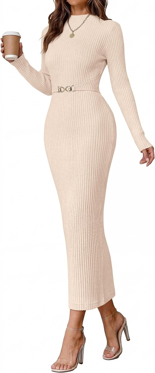 image:imagePRETTYGARDEN Womens Long Sleeve Bodycon Maxi Sweater DressApricot