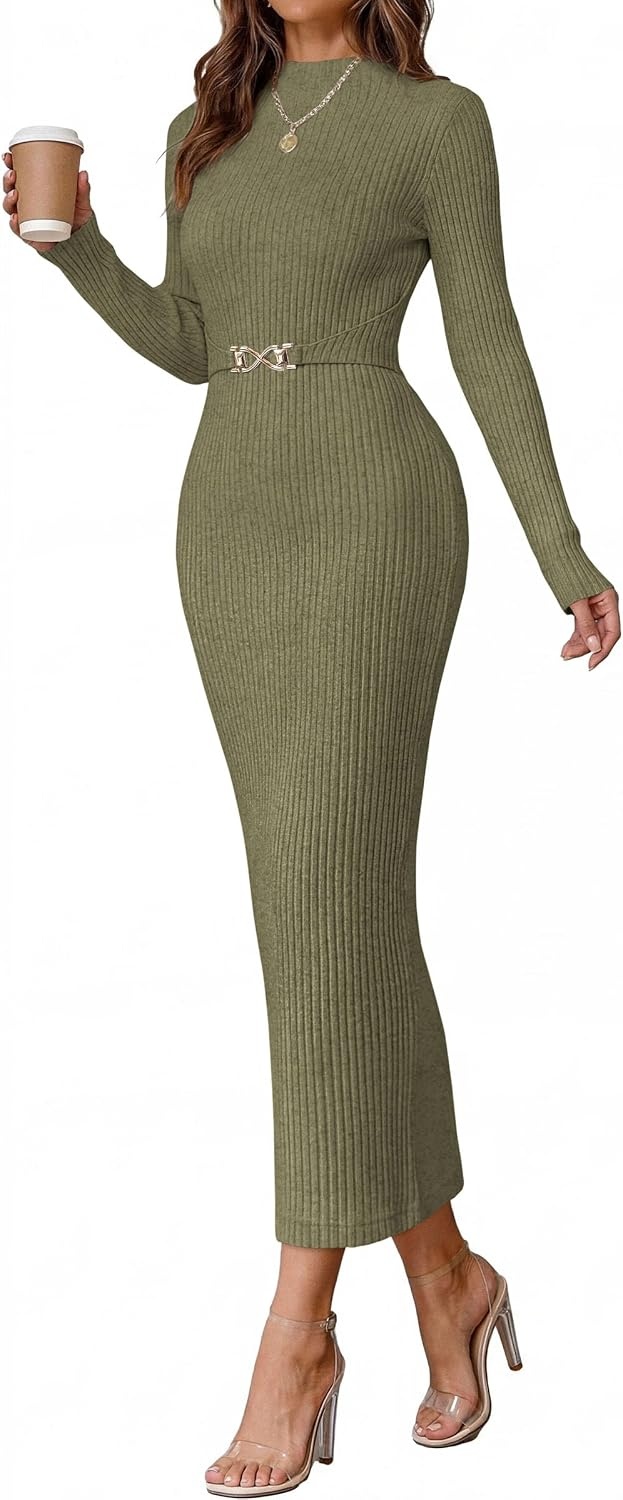 image:imagePRETTYGARDEN Womens Long Sleeve Bodycon Maxi Sweater DressArmy Green