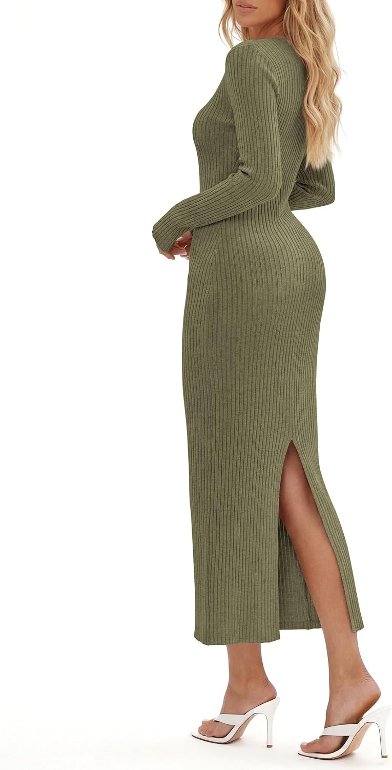image:imagePRETTYGARDEN Womens Long Sleeve Bodycon Maxi Sweater DressArmy Green