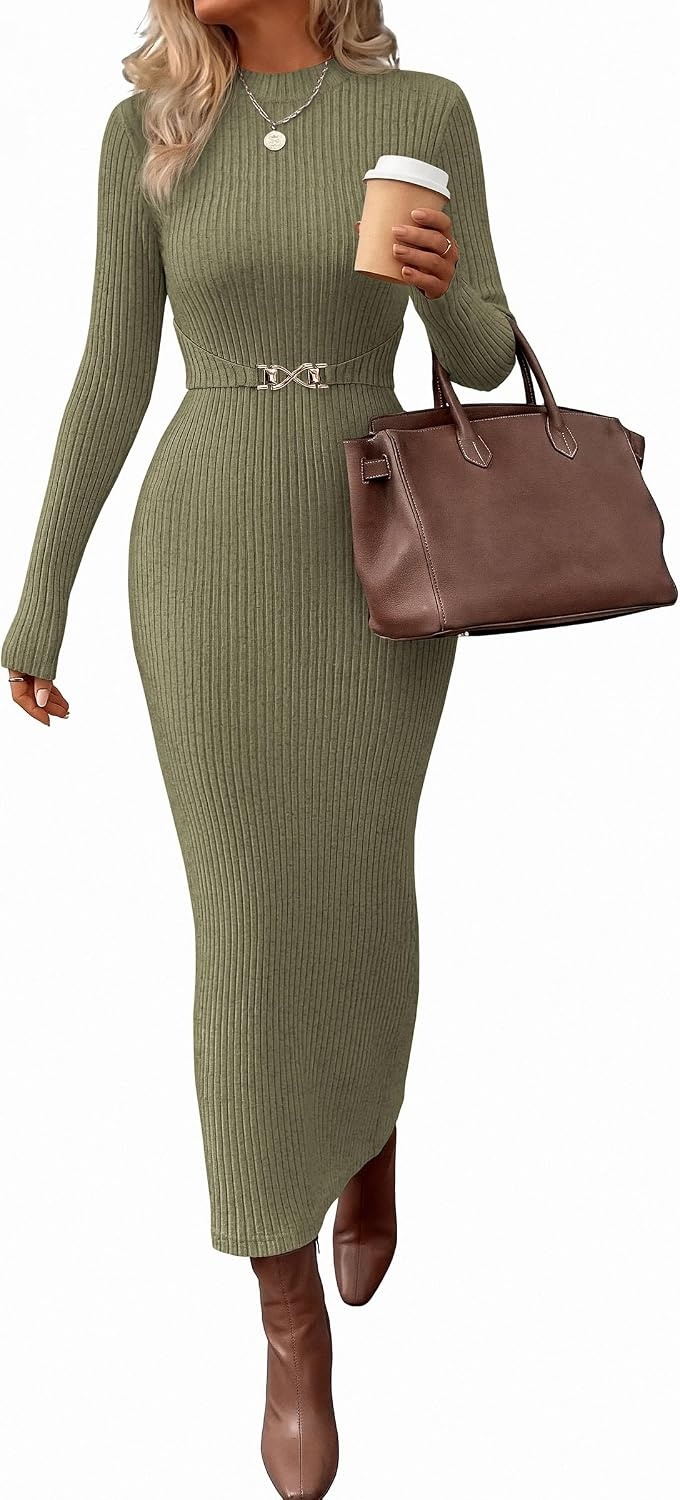 image:imagePRETTYGARDEN Womens Long Sleeve Bodycon Maxi Sweater DressArmy Green