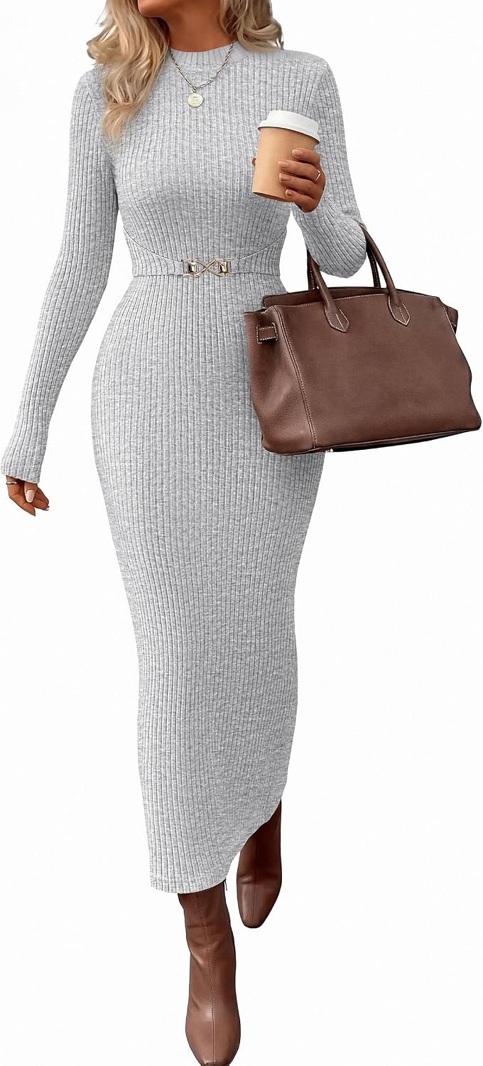 image:imagePRETTYGARDEN Womens Long Sleeve Bodycon Maxi Sweater DressGrey White