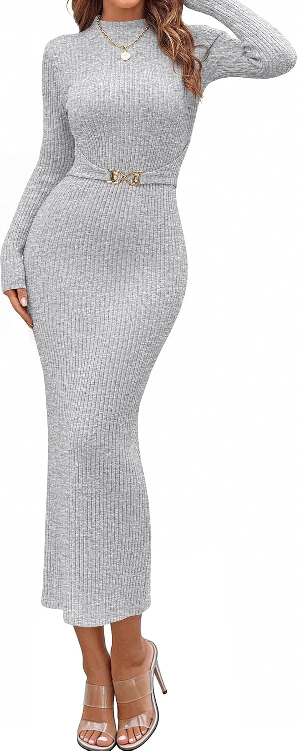 image:imagePRETTYGARDEN Womens Long Sleeve Bodycon Maxi Sweater DressGrey White