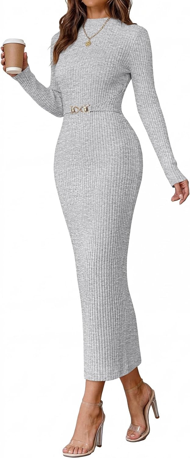 image:imagePRETTYGARDEN Womens Long Sleeve Bodycon Maxi Sweater DressGrey White
