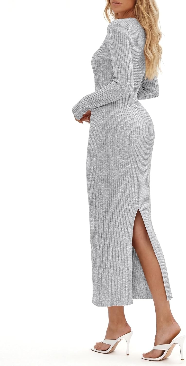 image:imagePRETTYGARDEN Womens Long Sleeve Bodycon Maxi Sweater DressGrey White