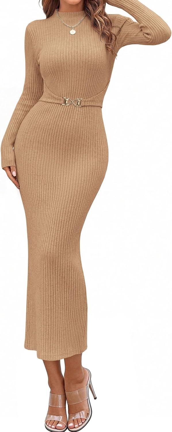 image:imagePRETTYGARDEN Womens Long Sleeve Bodycon Maxi Sweater DressKhaki
