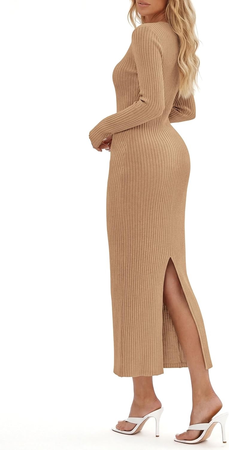 image:imagePRETTYGARDEN Womens Long Sleeve Bodycon Maxi Sweater DressKhaki