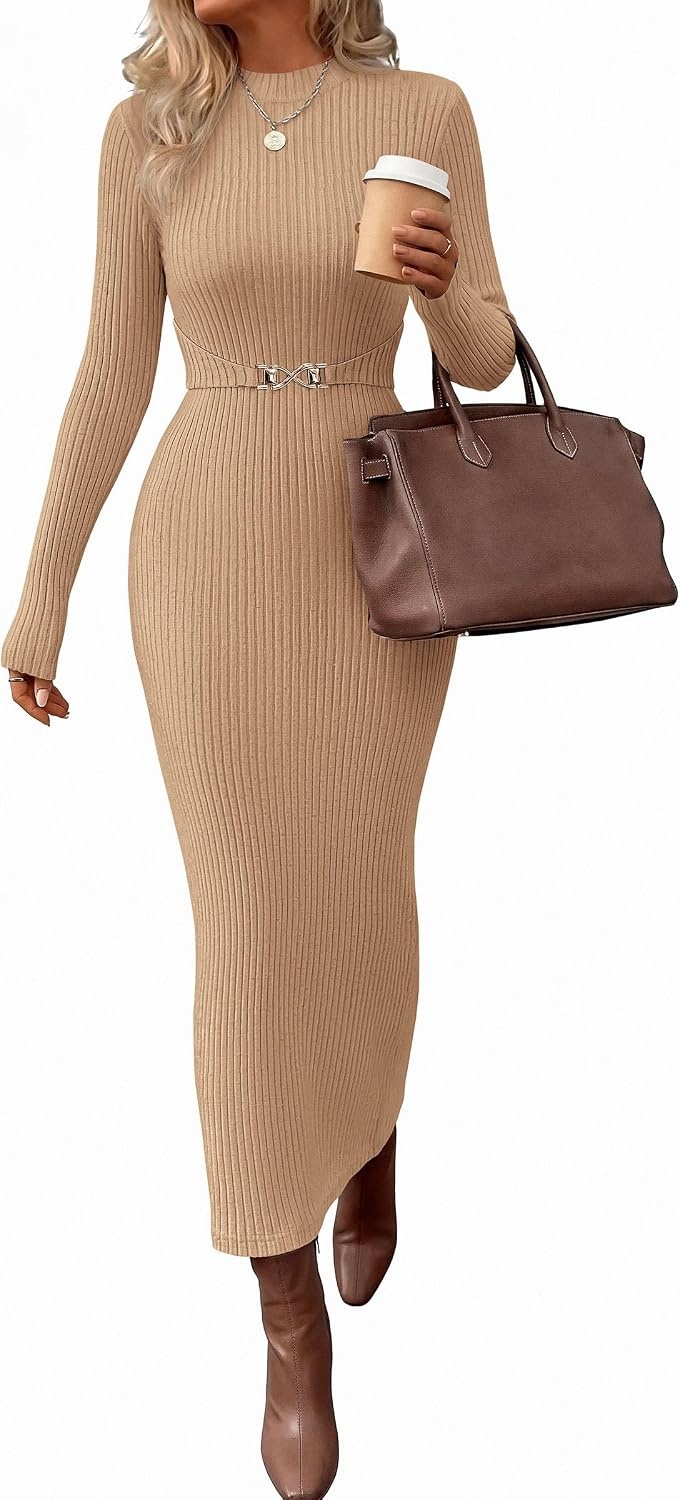 image:imagePRETTYGARDEN Womens Long Sleeve Bodycon Maxi Sweater DressKhaki